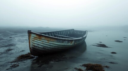  Old wooden boat floating on still water in dense morning fog. Concept of solitude and timeless silence