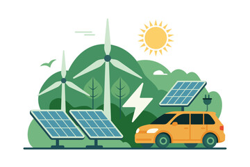 Renewable energy concept with solar panels wind turbines electric car and green landscape illustration