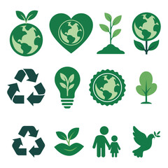 Green earth icons set with recycle symbols plant growth peace and family for environmental awareness