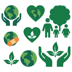 Save the earth icon set with heart globe hands family and eco-friendly protection symbols