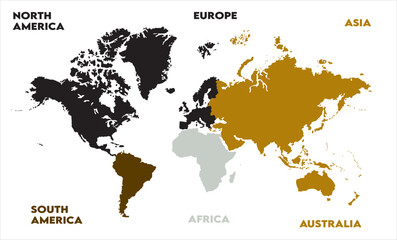 Fototapeta premium New modern world map, with names, Europe, Africa, Asia, Australia, North America, and South America world map graphic, Countries Silhouettes Stock Illustrations, Vectors