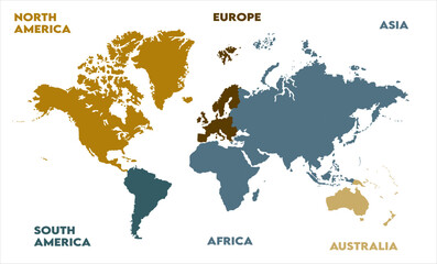 Obraz premium New modern world map, with names, Europe, Africa, Asia, Australia, North America, and South America world map graphic, Countries Silhouettes Stock Illustrations, Vectors