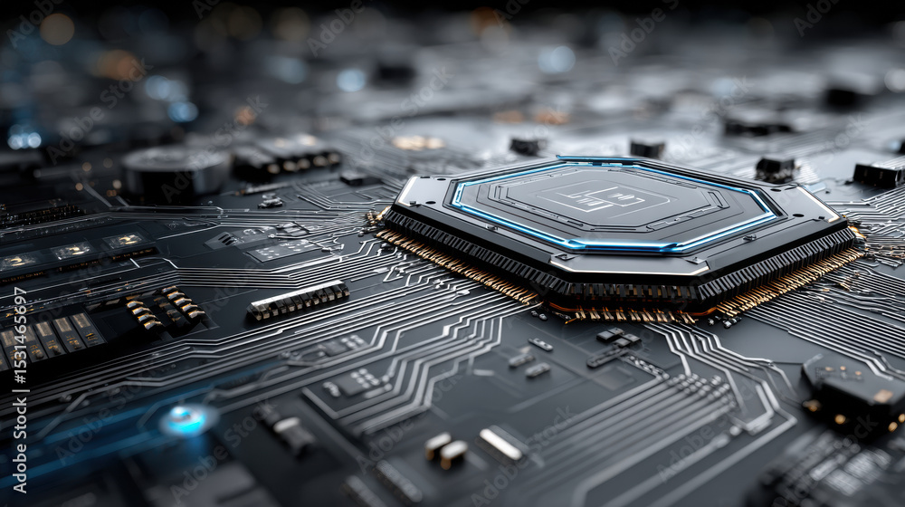 Poster close-up of advanced computer circuit board with central processing unit and glowing elements for hi