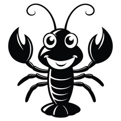 A cheerful lobster smiles with large claws in a simple black and white vector