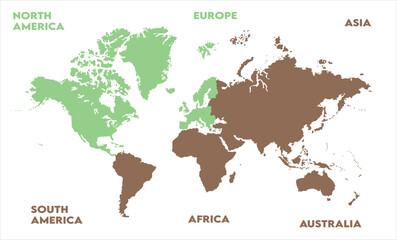 New modern world map, with names, Europe, Africa, Asia, Australia, North America, and South America world map graphic, Countries Silhouettes Stock Illustrations, Vectors