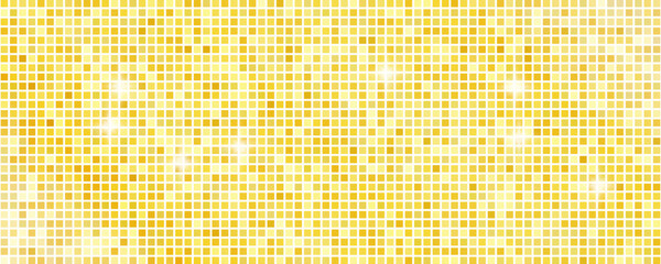 Disco ball seamless pattern. Disco party glitter golden background, gold sparkle mosaic tile