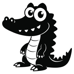 A charming cartoon alligator with a toothy grin is sitting down in black