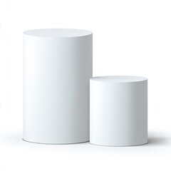 Two white cylindrical podiums, one slightly larger than the other, against a plain white background