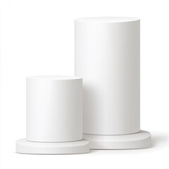 Two white cylindrical podiums, one larger than the other, on a white background