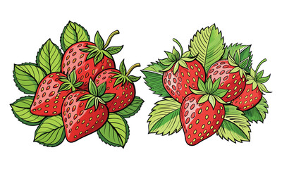 Fresh Cartoon Strawberries with Green Leaves - Hand-Drawn Fruit Illustration