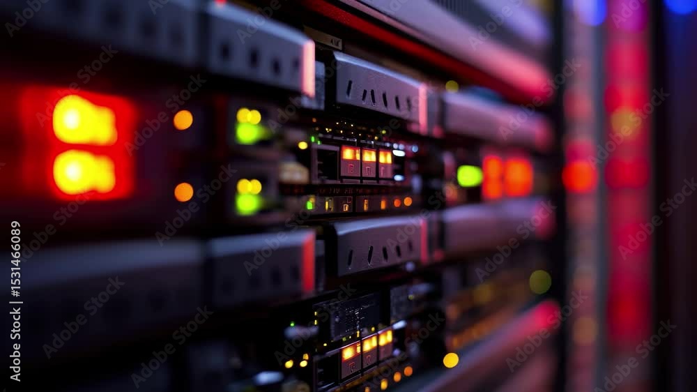 Poster digital data processing occurring on computer servers with illuminated indicators in a modern server