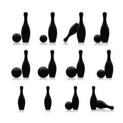 Black silhouette bowling pins set various positions