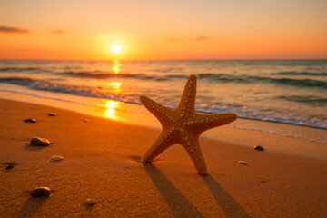 Fototapeta na wymiar A starfish standing upright on a sandy beach at sunset, with gentle ocean waves and a glowing sun on the horizon