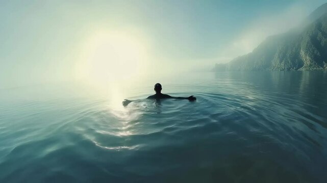 Experience of solitude while immersed in a tranquil body of water under a misty morning sky, A 360VR experience of being completely alone in the middle of the ocean - seamless ing