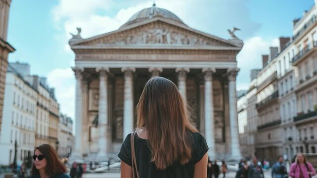 Beautiful woman enjoys a leisurely walk toward the Pantheon in Paris on a sunny day, Beautiful woman walking to the Pantheon in Paris on vacation