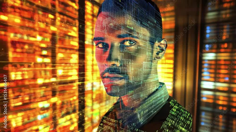 Poster exploring data processing concepts with a biracial male in a high-tech environment, data processing 