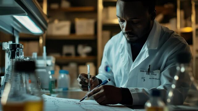 Scientist recording research results in laboratory during evening hours, scientist filling out a form with the results of research