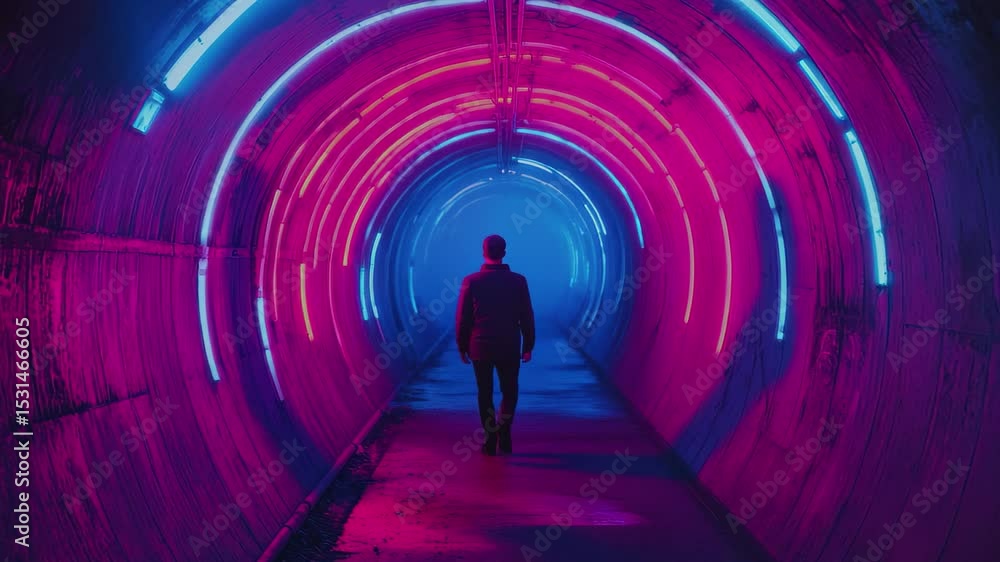 Poster Exploring a vibrant neon tunnel in a futuristic setting, Blue sci-fi tunnel space neon