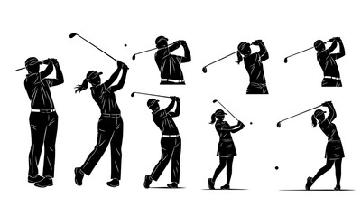 Set Bundle golf swing silhouettes showcasing various techniques and postures for golf enthusiasts and sports design projects