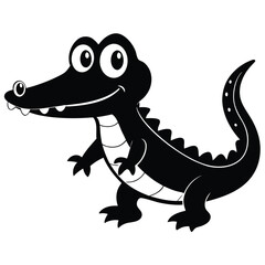 A friendly black alligator stands smiling with small teeth showing in its simple form