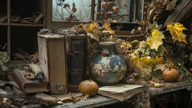 An abandoned interior with old books, a dusty vase, and autumn leaves scattered around