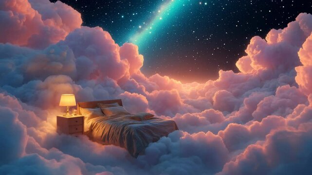 Time Lapse Dreamy Bedroom Floating in the Clouds at Twilight