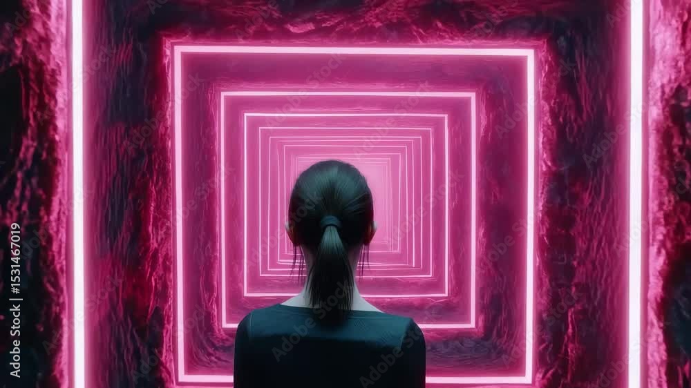 Poster Explore a neon square tunnel with a silhouette in a scifi environment at night, Neon square tunnel VJ sci-fi