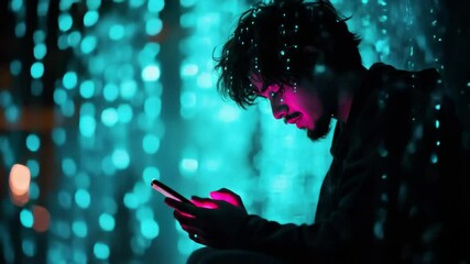 Data processing by biracial man using smartphone amidst colorful digital lights at night, data processing over biracail man using smartphone - Powered by Adobe