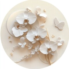 Delicate white orchids and butterflies on a creamy background
