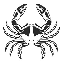 A monochrome, bold outline shows a crab with claws raised on a white background