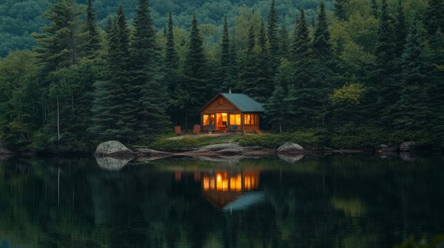Warm Lit Cabin Reflecting on Lake Surrounded by Dense Green Trees Scenery