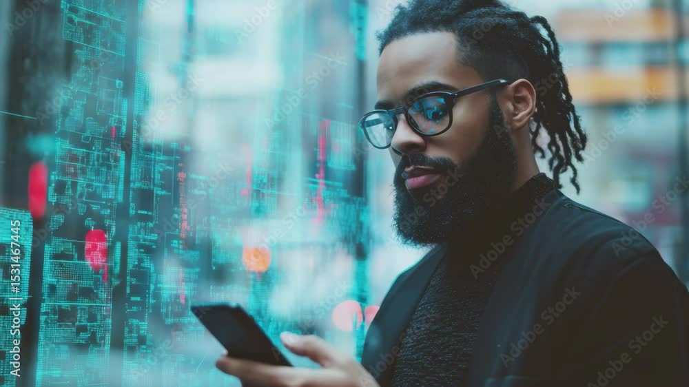 Poster data processing and digital diagrams viewed by biracial man using smartphone in urban setting, data 