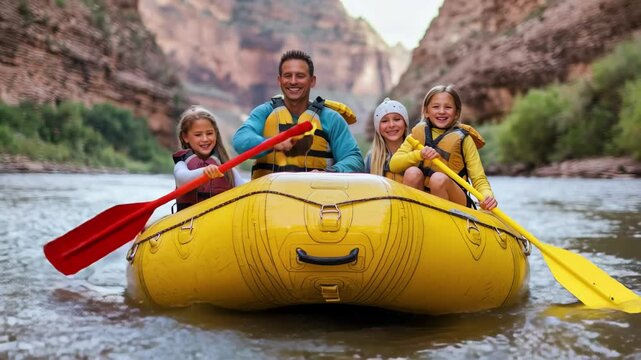 Family enjoys a thrilling rafting adventure on the Colorado River with smiles and excitement, Happy American Caucasian family rafting on Colorado River on vacation outdoors