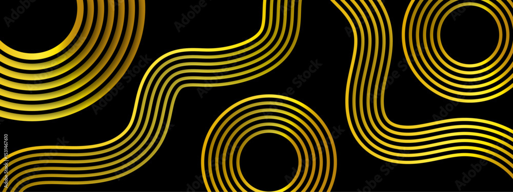 Poster Abstract luxurious geometric pattern  concentric golden circles and curved gold lines on a deep black background. Flowing parallel arcs, giving a sense of elegance, symmetry, and movement. 