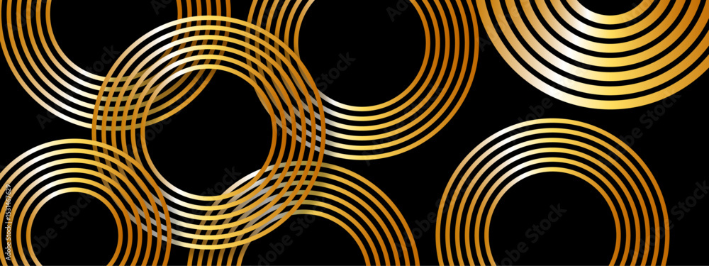 Aufkleber Abstract luxurious geometric pattern  concentric golden circles and curved gold lines on a deep black background. Flowing parallel arcs, giving a sense of elegance, symmetry, and movement. 