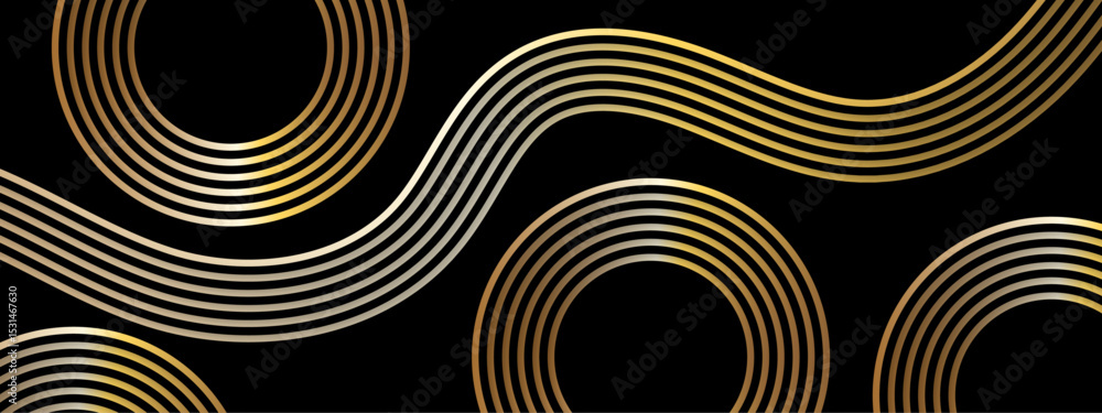 Poster abstract luxurious geometric pattern concentric golden circles and curved gold lines on a deep black