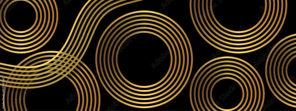 Aufkleber Abstract luxurious geometric pattern  concentric golden circles and curved gold lines on a deep black background. Flowing parallel arcs, giving a sense of elegance, symmetry, and movement. 
