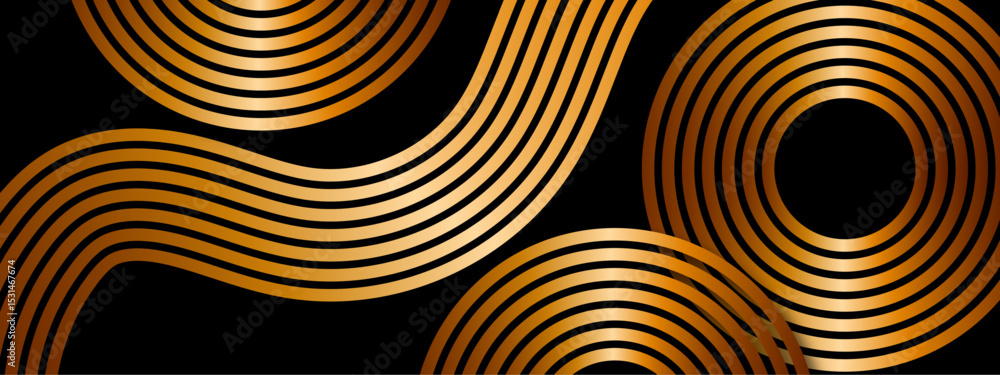 Poster abstract luxurious geometric pattern concentric golden circles and curved gold lines on a deep black