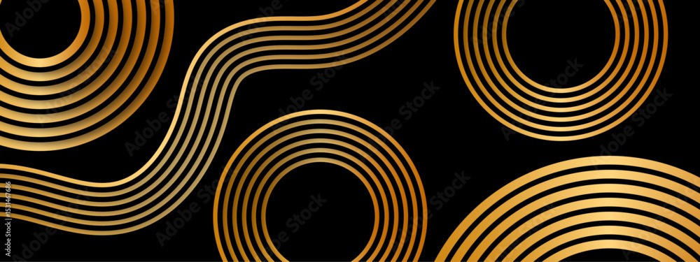 Poster Abstract luxurious geometric pattern  concentric golden circles and curved gold lines on a deep black background. Flowing parallel arcs, giving a sense of elegance, symmetry, and movement. 