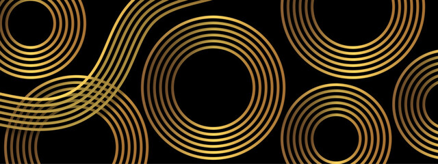 Abstract luxurious geometric pattern  concentric golden circles and curved gold lines on a deep black background. Flowing parallel arcs, giving a sense of elegance, symmetry, and movement. 
