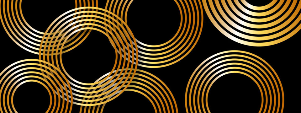 Abstract luxurious geometric pattern  concentric golden circles and curved gold lines on a deep black background. Flowing parallel arcs, giving a sense of elegance, symmetry, and movement. 
