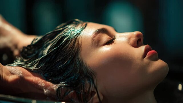 Hands, massage and hairdresser with client in spa, relax and basin for wash and treatment. Soap, salon and hairstyle or cleaning for happy customer person, keratin or scalp shampoo for hair care