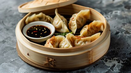 Chinese dumplings arranged in bamboo steamer with soy sauce white modern plating overlay cut out on isolated transparent removed background
