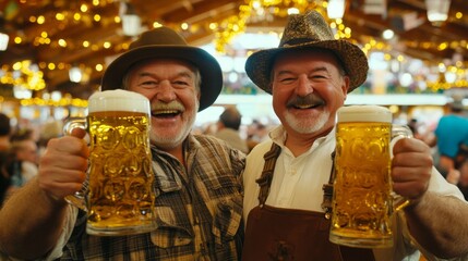 Two Smiling Men Raising Beer Mugs at Oktoberfest Celebration Indoors with Yellow Lighting