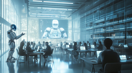 AI-Powered Teaching Assistants and Students Interacting with Robots in a Futuristic Classroom