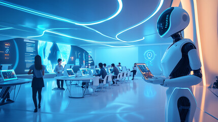 Futuristic Classroom with AI Teaching Assistants, Holographic Books, and Students Interacting with Robots