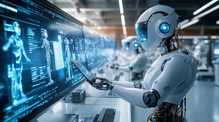 Advanced AI Robots and Humans Working Together in Futuristic High-Tech Laboratory with Holographic Displays