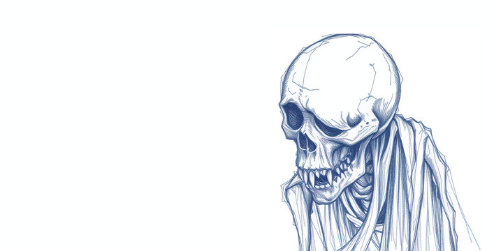 A drawing of a skull in blue tones with a beaten look.