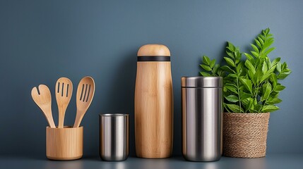 Eco-friendly kitchen setup using stainless steel containers bamboo utensils and zero-waste habits
