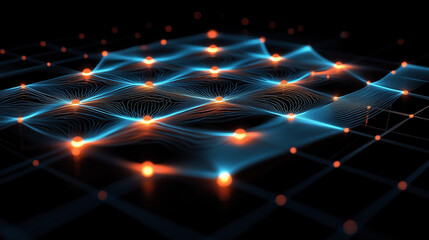Futuristic Blue and Orange Neural Network with Digital Grid on Black Background